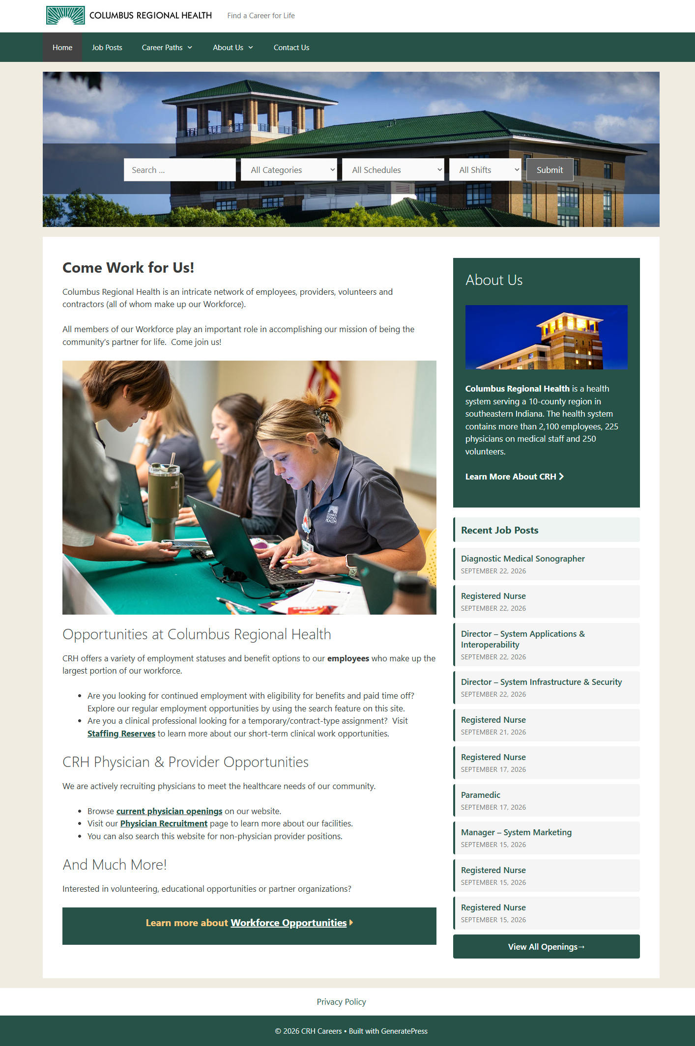 Full-page view of the Columbus Regional Health careers website, featuring job search, career information and current openings.