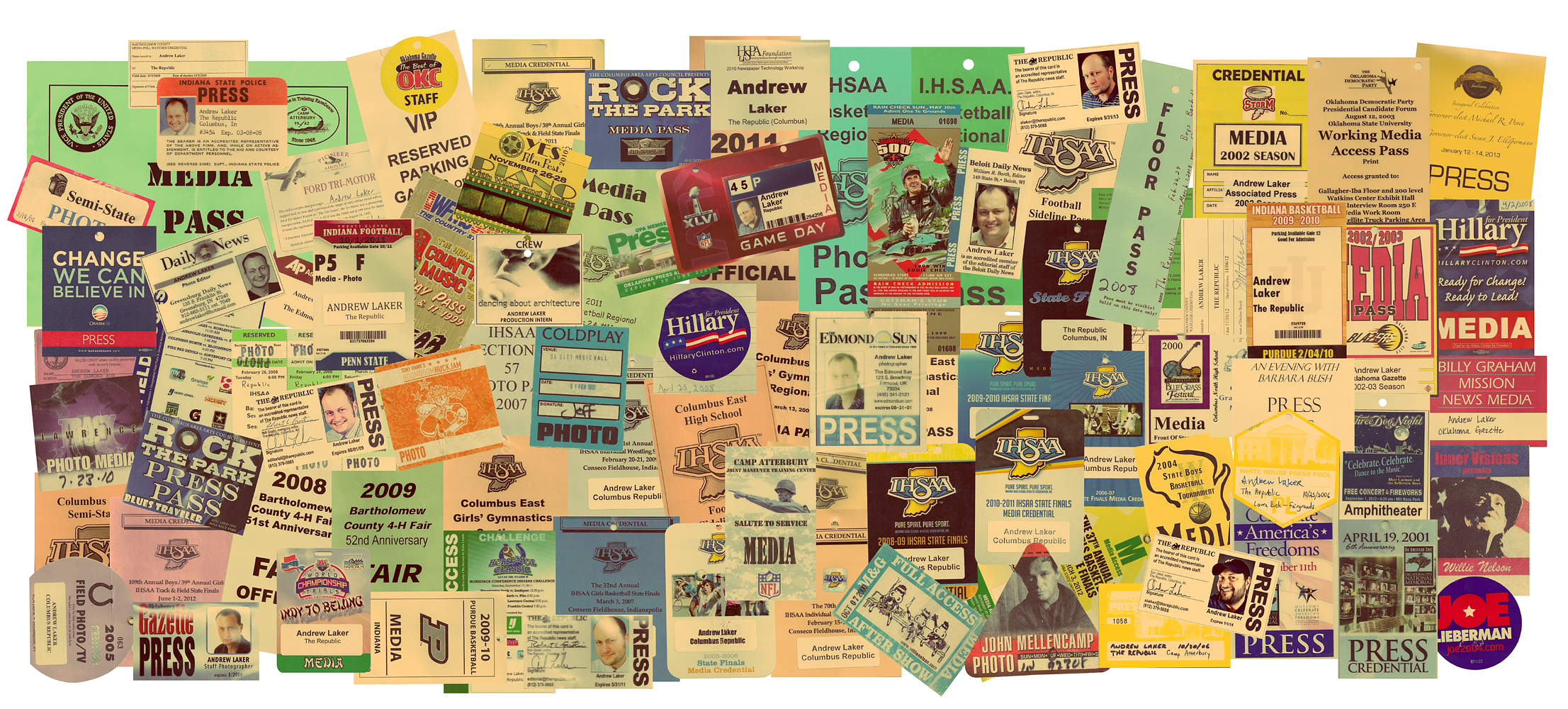 A collage of Andrew Laker's press credentials, media passes and event badges from his years as a newspaper photojournalist.