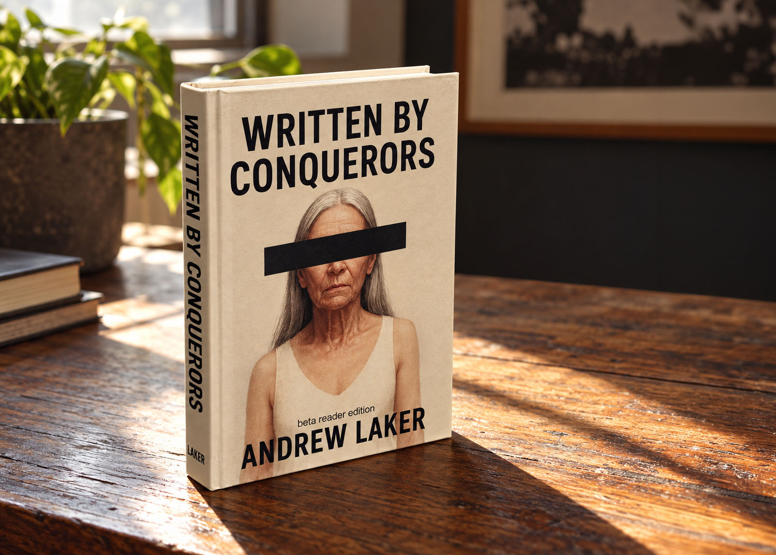 Written by Conquerors by Andrew Laker standing on a wooden desk
