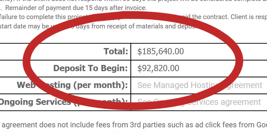 Detail from a 2018 careers website development estimate showing a total proposed cost of $185,640.