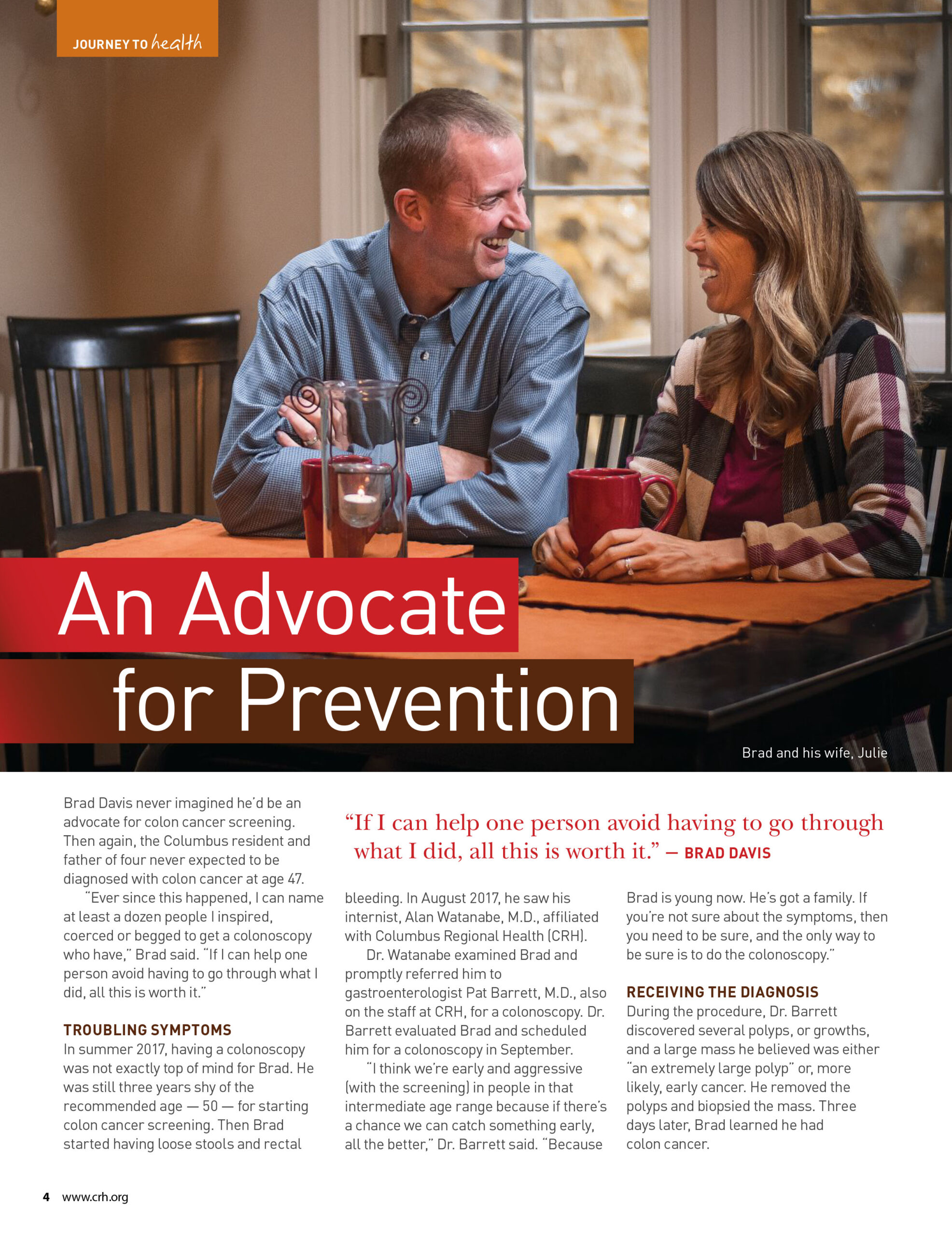 Page four of Brad Davis's Healthy Tomorrow magazine feature, with a photograph of Brad and Julie and the beginning of his story.