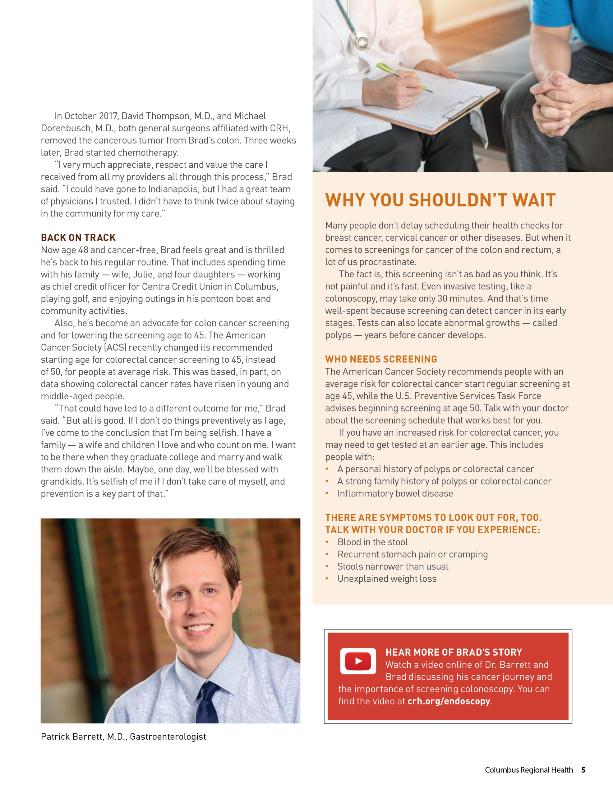 Page five of the Healthy Tomorrow feature, continuing Brad's story alongside colorectal cancer screening information.
