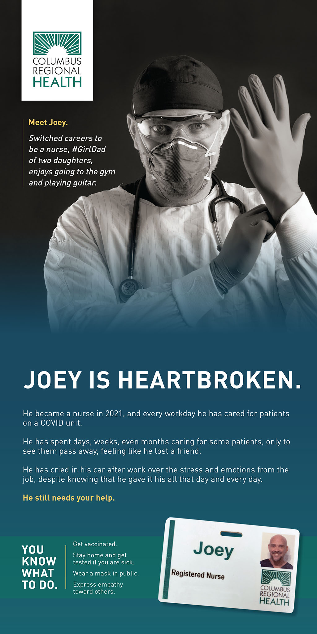 Full Joey campaign advertisement featuring his masked portrait and a personal account of caring for COVID-19 patients.