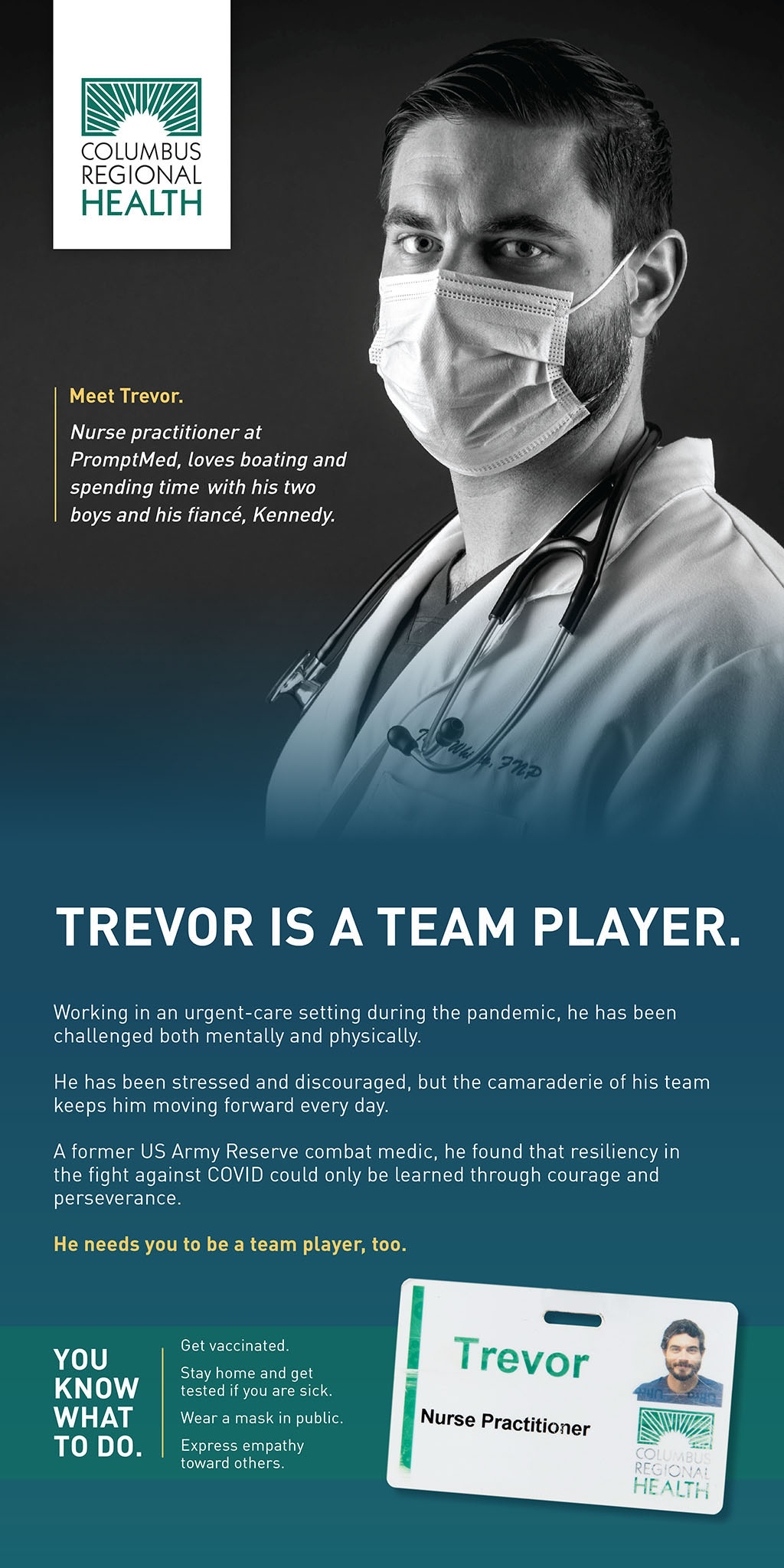 Full Trevor campaign advertisement featuring his masked portrait and a message about teamwork during the COVID-19 pandemic.